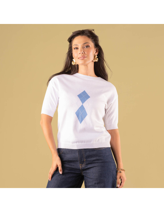 Bawełniana bluzka w romby dekolt łódka IMMAGINE | swetry.com.pl